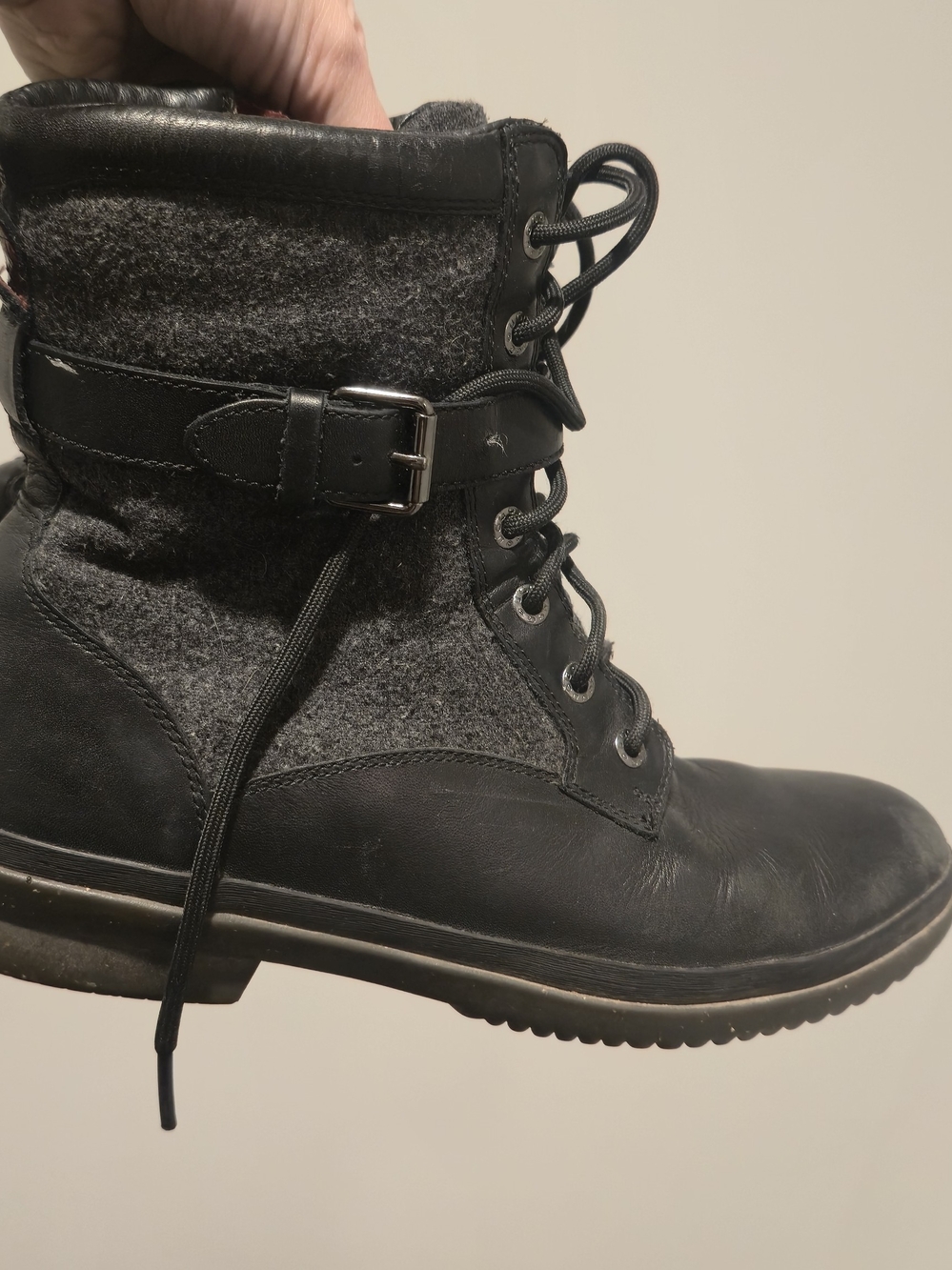 UGG Black and Gray Lace-Up Combat Boot with Buckle Accent